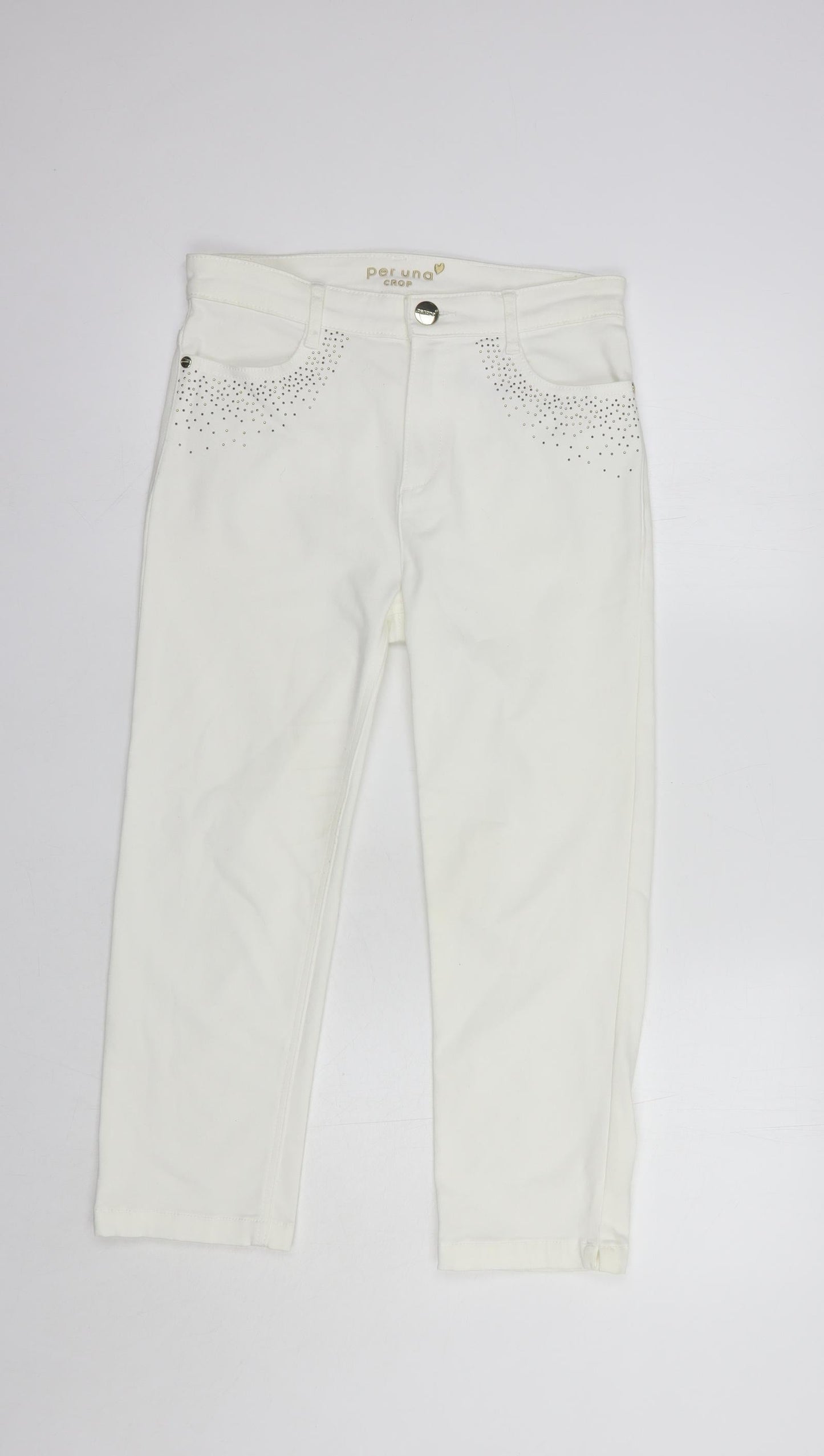 Per Una Womens White  Cotton Cropped Jeans Size 8 L23 in Regular Button - Embellished Pockets