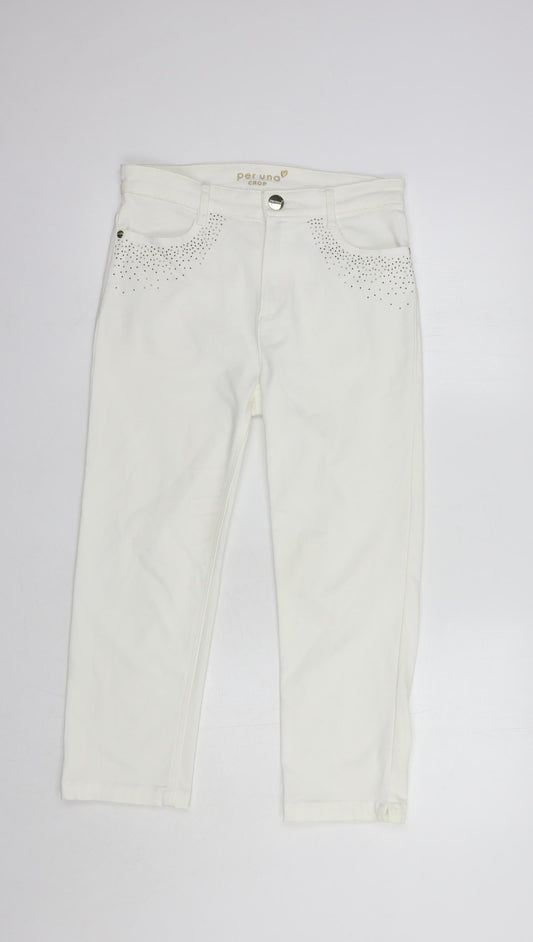 Per Una Womens White  Cotton Cropped Jeans Size 8 L23 in Regular Button - Embellished Pockets