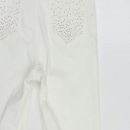 Per Una Womens White  Cotton Cropped Jeans Size 8 L23 in Regular Button - Embellished Pockets