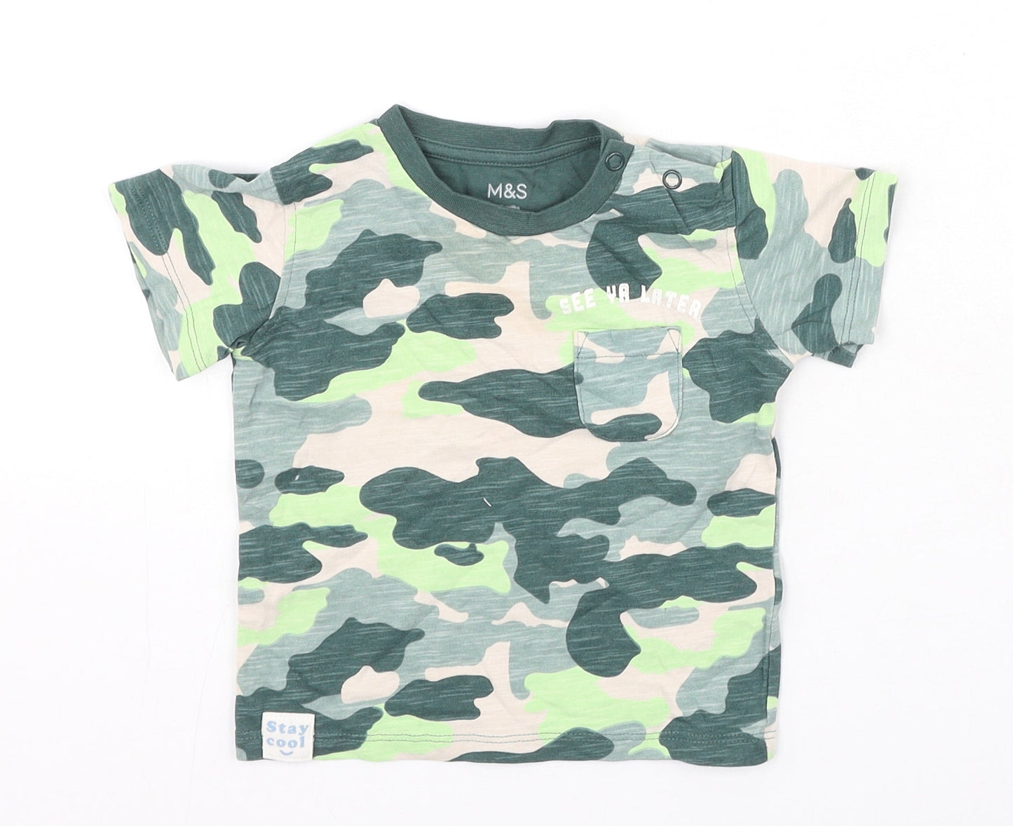 Marks and Spencer Boys Green Camouflage Cotton Basic Casual Size 6-9 Months Round Neck