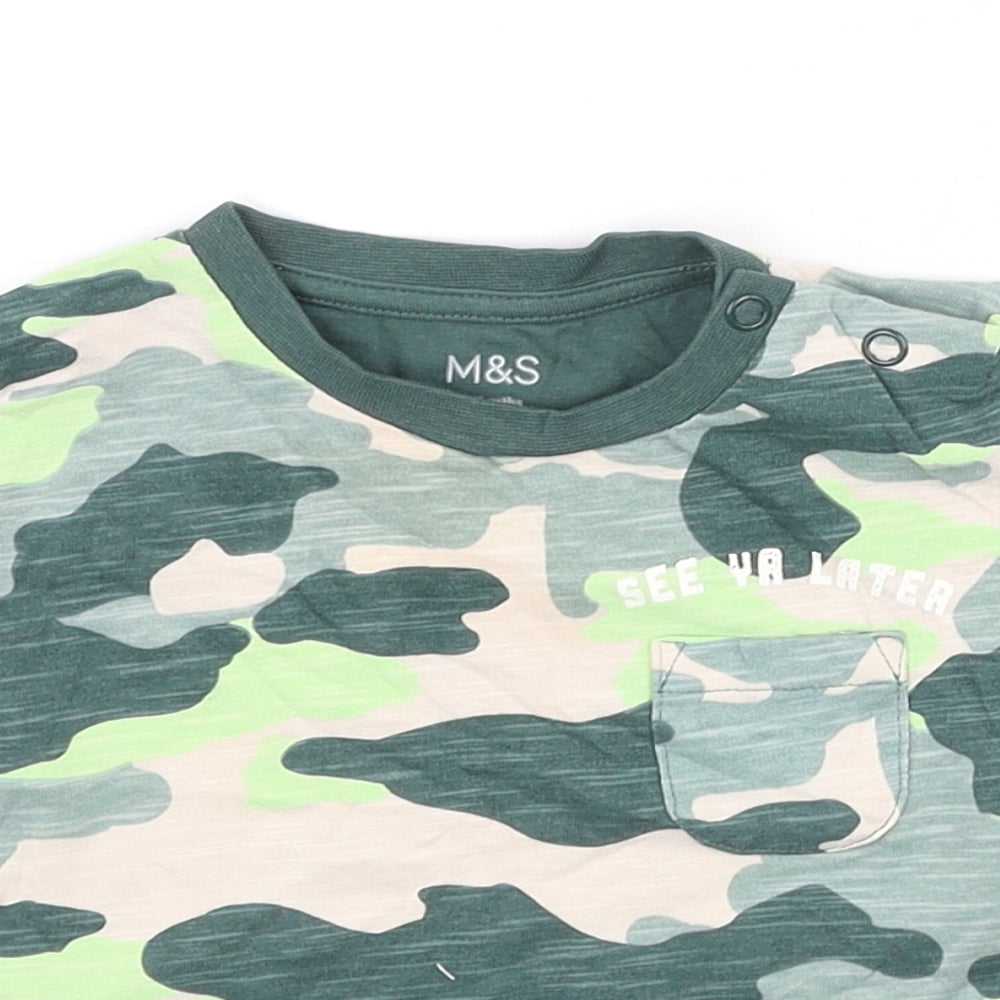 Marks and Spencer Boys Green Camouflage Cotton Basic Casual Size 6-9 Months Round Neck