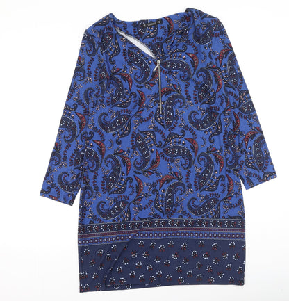 Dunnes Stores Womens Blue Geometric Viscose Fit & Flare  Size 10  Round Neck