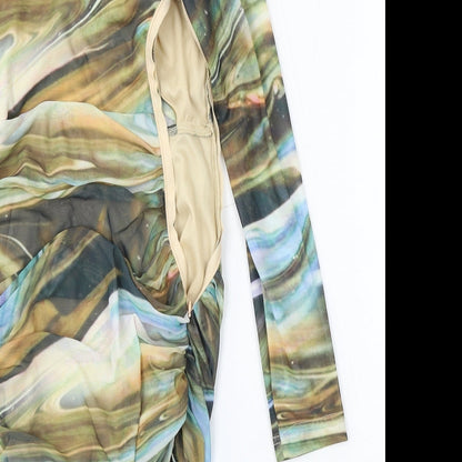 PRETTYLITTLETHING Womens Multicoloured Geometric Polyester Sheath  Size 8  Round Neck