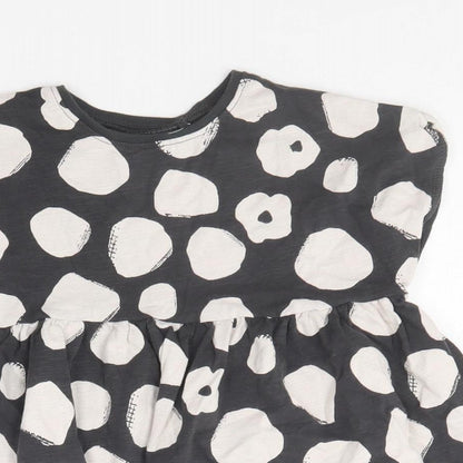 NEXT Girls Grey Polka Dot Cotton Skater Dress  Size 2-3 Years  Round Neck