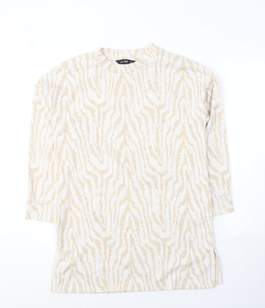 F&F Womens Beige Round Neck Animal Print Polyester Pullover Jumper Size 12
