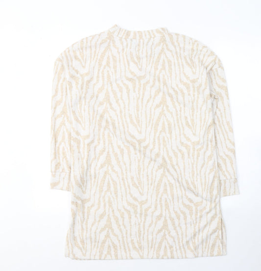F&F Womens Beige Round Neck Animal Print Polyester Pullover Jumper Size 12