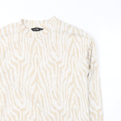 F&F Womens Beige Round Neck Animal Print Polyester Pullover Jumper Size 12