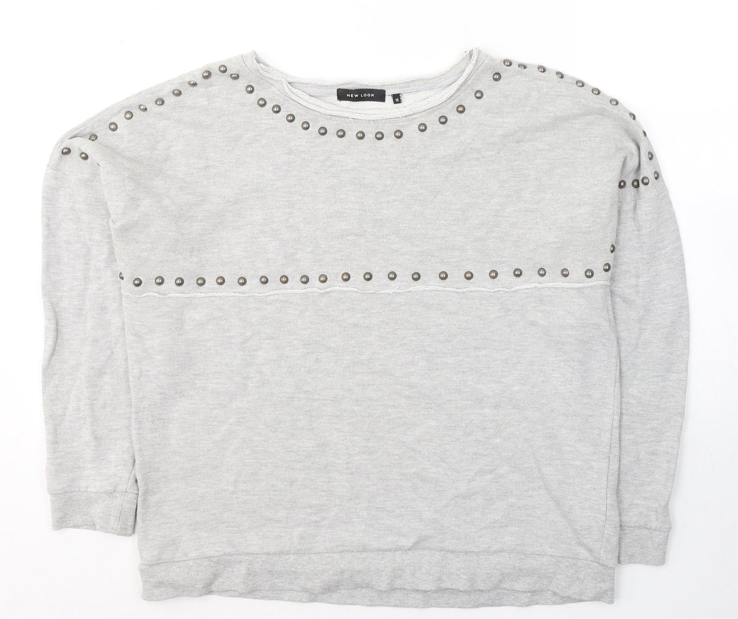 New Look Womens Grey  Cotton Jersey Blouse Size 12 Round Neck