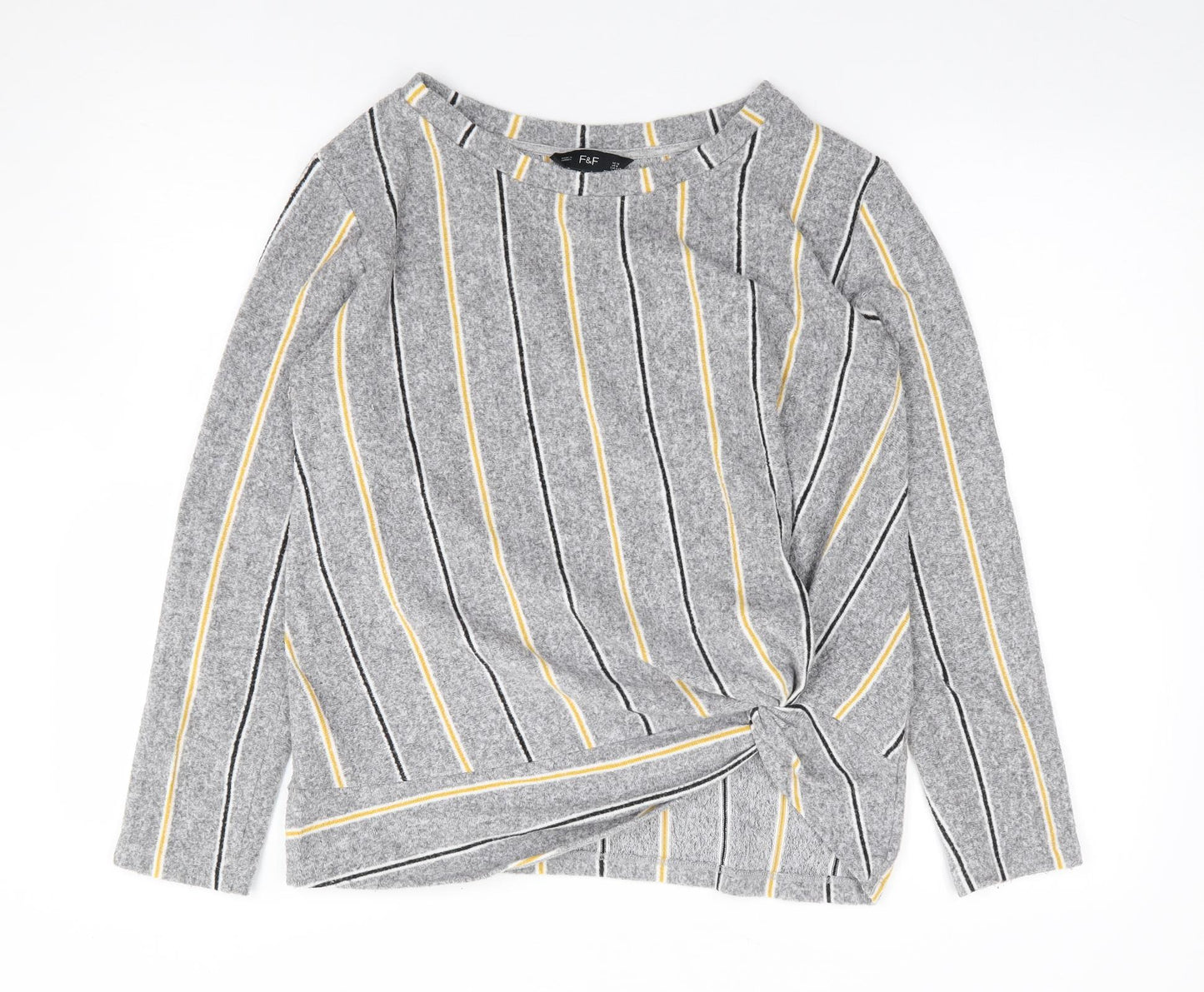 F&F Womens Grey Crew Neck Striped Polyester Pullover Jumper Size 12