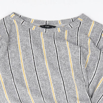 F&F Womens Grey Crew Neck Striped Polyester Pullover Jumper Size 12