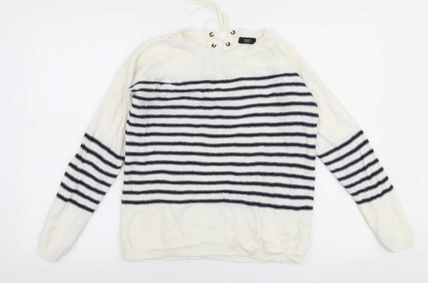 F&F Womens White Round Neck Striped Acrylic Pullover Jumper Size 8
