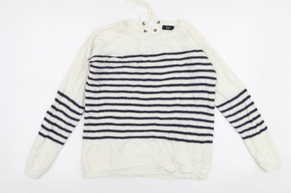 F&F Womens White Round Neck Striped Acrylic Pullover Jumper Size 8