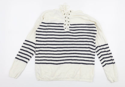 F&F Womens White Round Neck Striped Acrylic Pullover Jumper Size 8