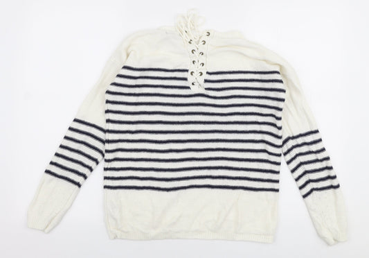 F&F Womens White Round Neck Striped Acrylic Pullover Jumper Size 8