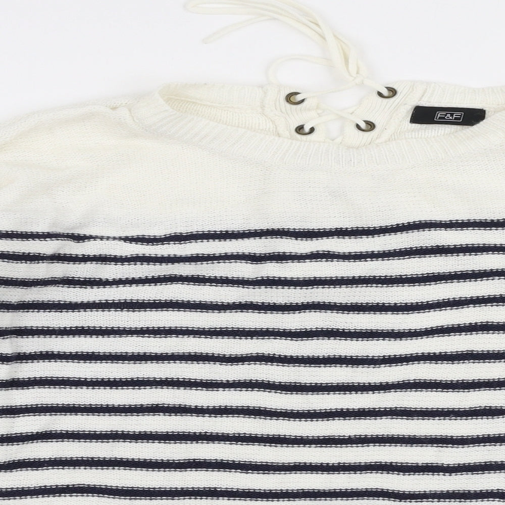 F&F Womens White Round Neck Striped Acrylic Pullover Jumper Size 8