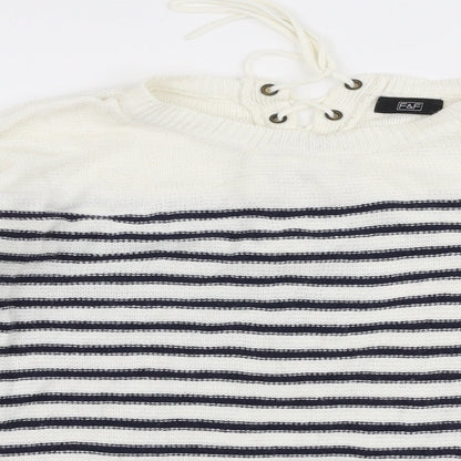 F&F Womens White Round Neck Striped Acrylic Pullover Jumper Size 8