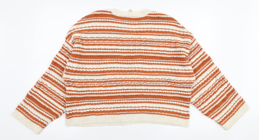 Miss Selfridge Womens Orange Round Neck Striped Acrylic Pullover Jumper Size 6
