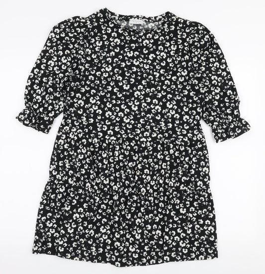 Papaya Womens Black Floral Polyester Trapeze & Swing  Size S  Round Neck Pullover - Smock dress