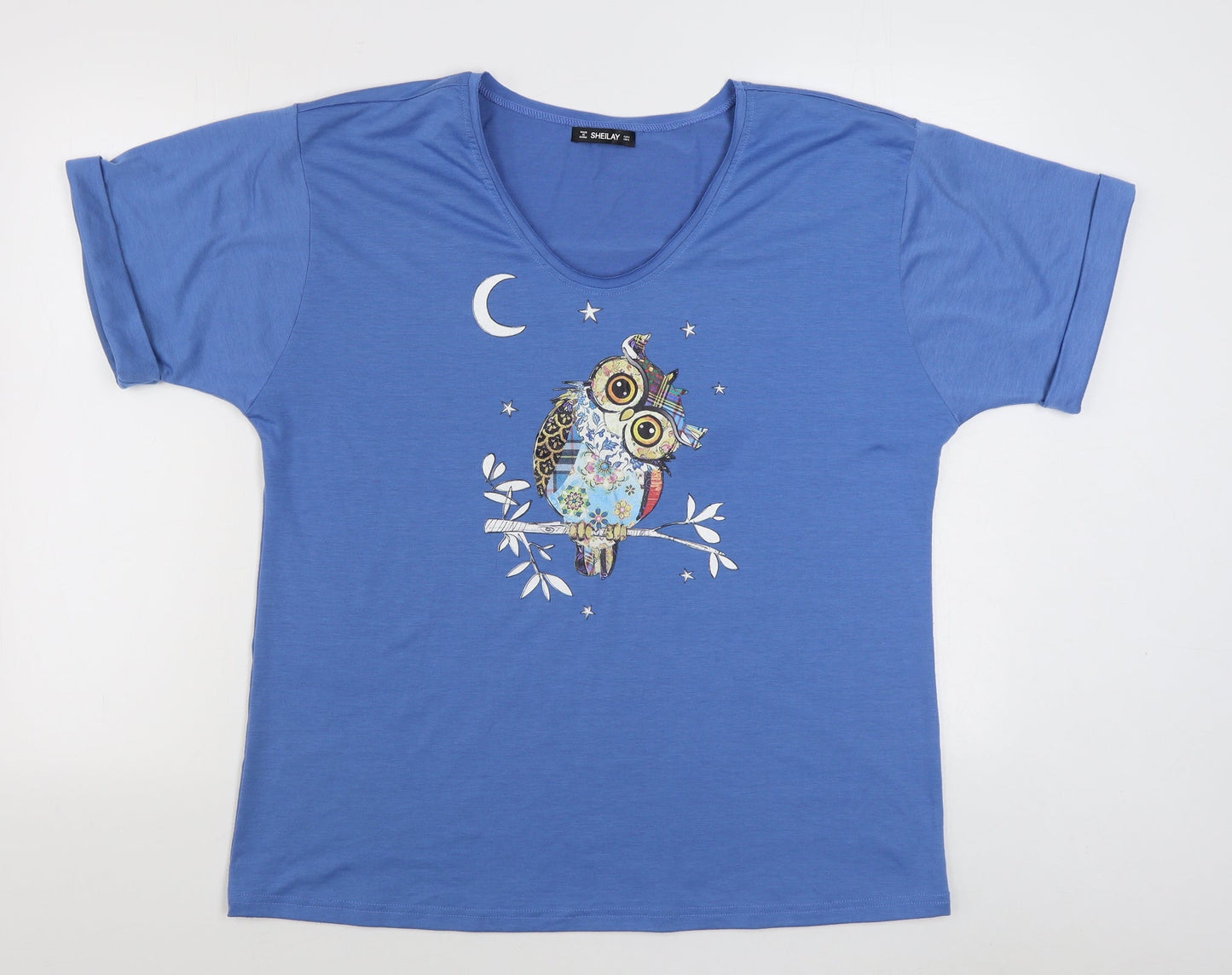 Sheilay Womens Blue  Polyester Basic T-Shirt Size S V-Neck
