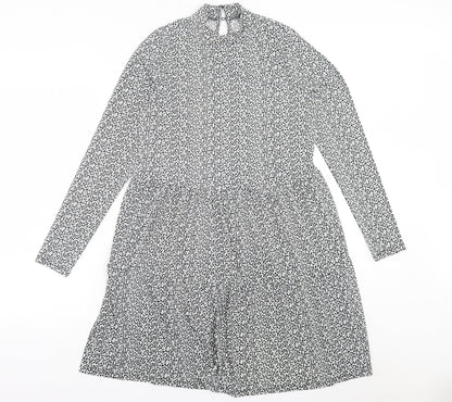 Oasis Womens Black Geometric Viscose A-Line  Size S  Crew Neck Button