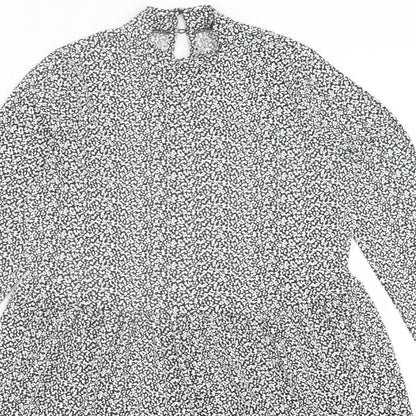 Oasis Womens Black Geometric Viscose A-Line  Size S  Crew Neck Button