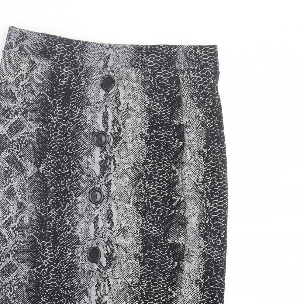 New Look Womens Grey Animal Print Polyester A-Line Skirt Size 8   Button