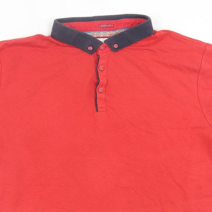 Centered Mens Red  Cotton  Polo Size L Collared Button
