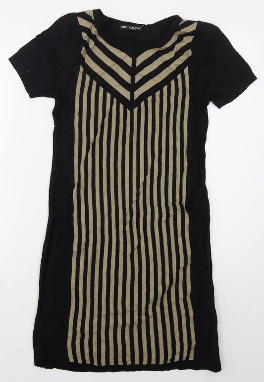 Marks and Spencer Womens Black Striped Acrylic Jumper Dress  Size 10  Crew Neck Pullover