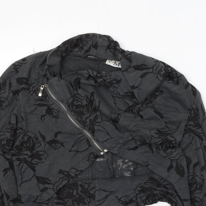 C.M.D Womens Grey Round Neck Floral Cotton Full Zip Jumper Size M