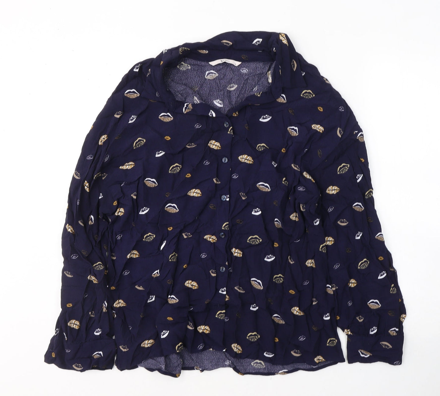 TU Womens Blue Geometric Viscose Basic Button-Up Size 10 Collared