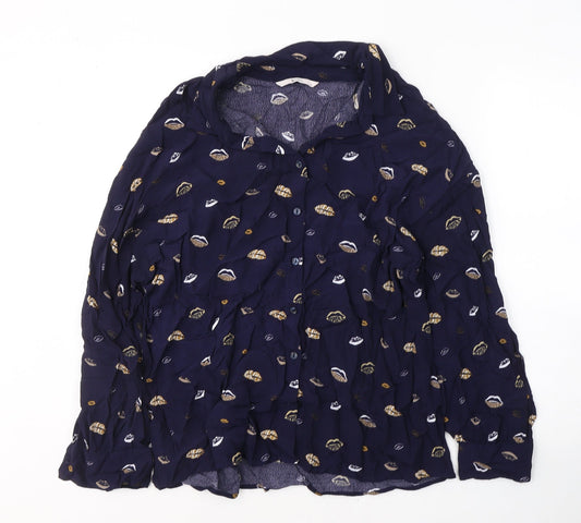 TU Womens Blue Geometric Viscose Basic Button-Up Size 10 Collared