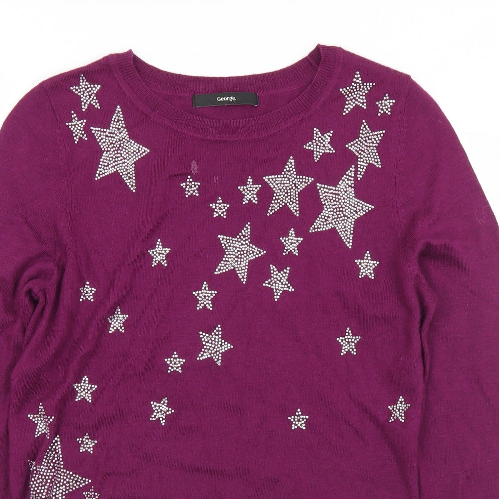 George Womens Purple Round Neck Geometric Nylon Pullover Jumper Size 8   - Stars