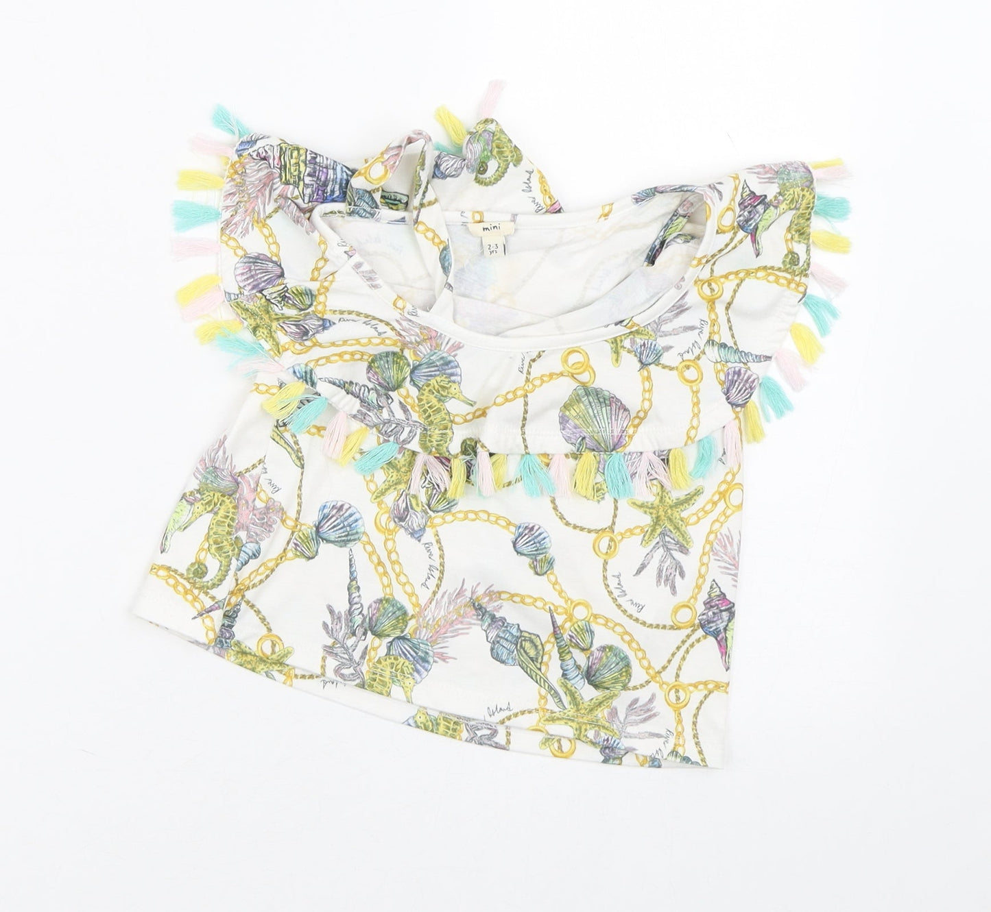 River Island Girls White Geometric Polyester Tunic T-Shirt Size 2-3 Years Round Neck  - Sea Creatures Assymetrical