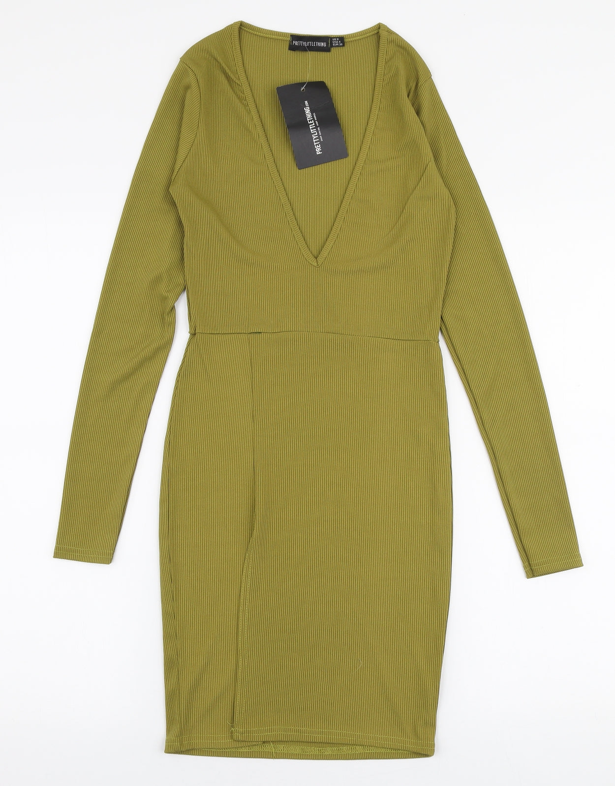 PRETTYLITTLETHING Womens Green  Polyester Bodycon  Size 8  V-Neck Pullover