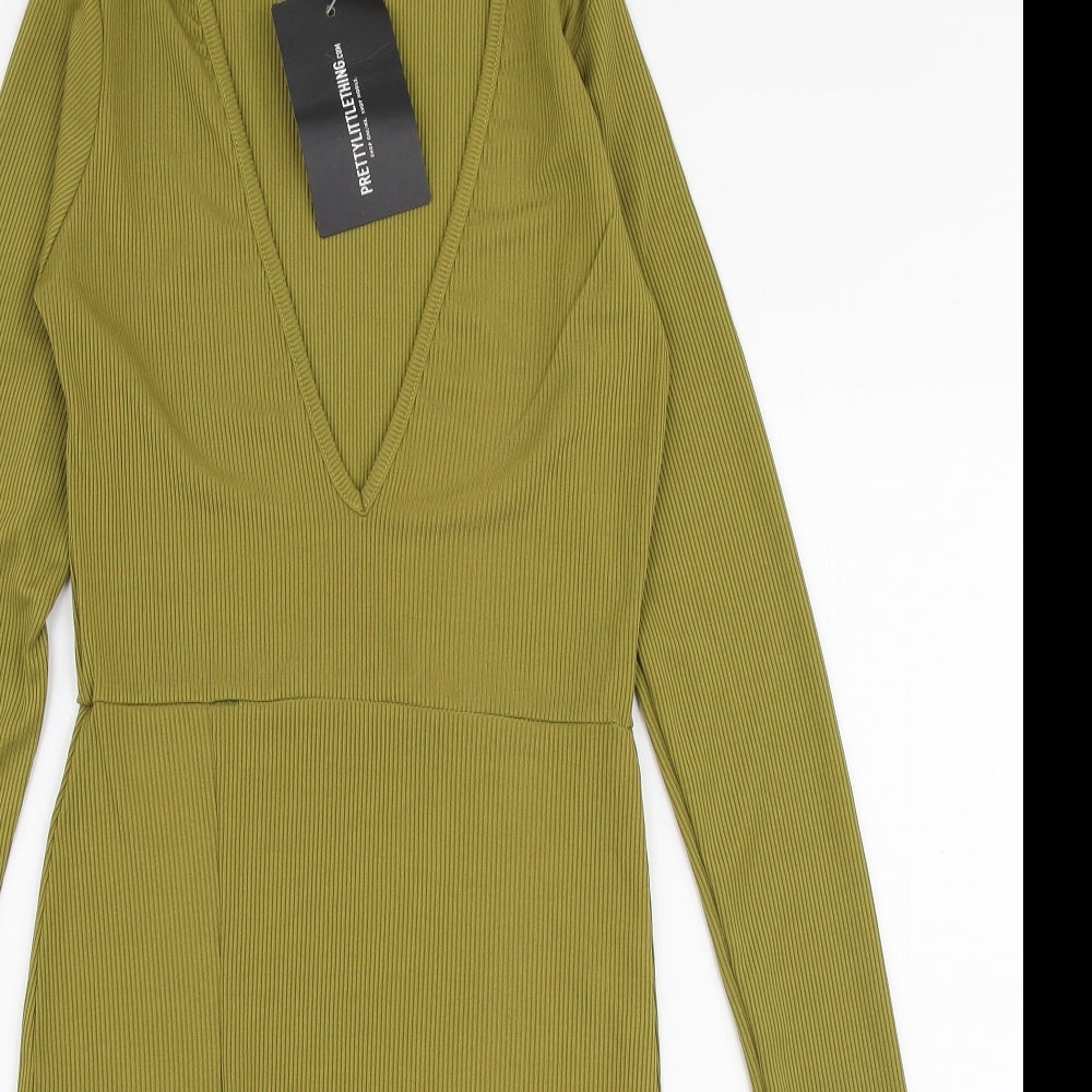 PRETTYLITTLETHING Womens Green  Polyester Bodycon  Size 8  V-Neck Pullover