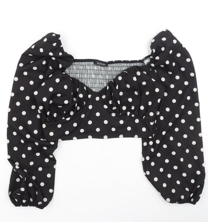 Boohoo Womens Black Polka Dot Polyester Basic Blouse Size 8 Square Neck