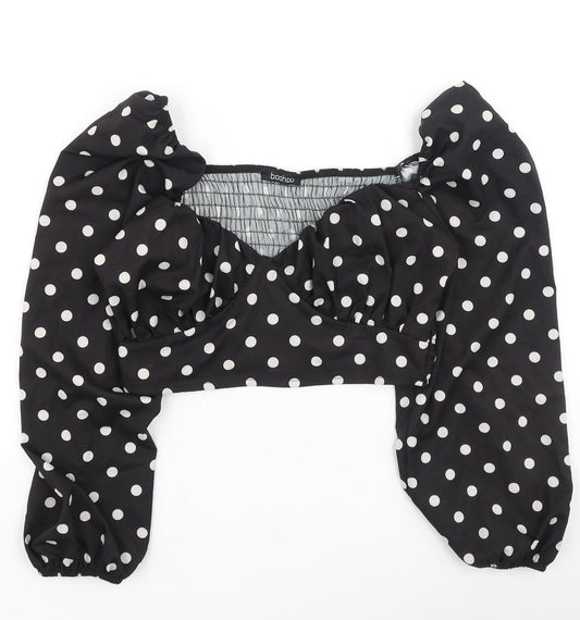 Boohoo Womens Black Polka Dot Polyester Basic Blouse Size 8 Square Neck
