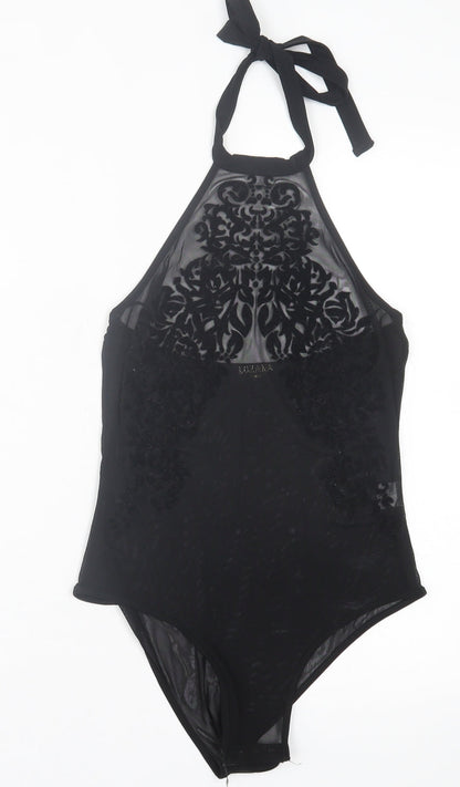 Lozana Womens Black Herringbone Polyester Bodysuit One-Piece Size 8  Button