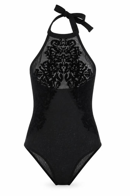 Lozana Womens Black Herringbone Polyester Bodysuit One-Piece Size 8  Button