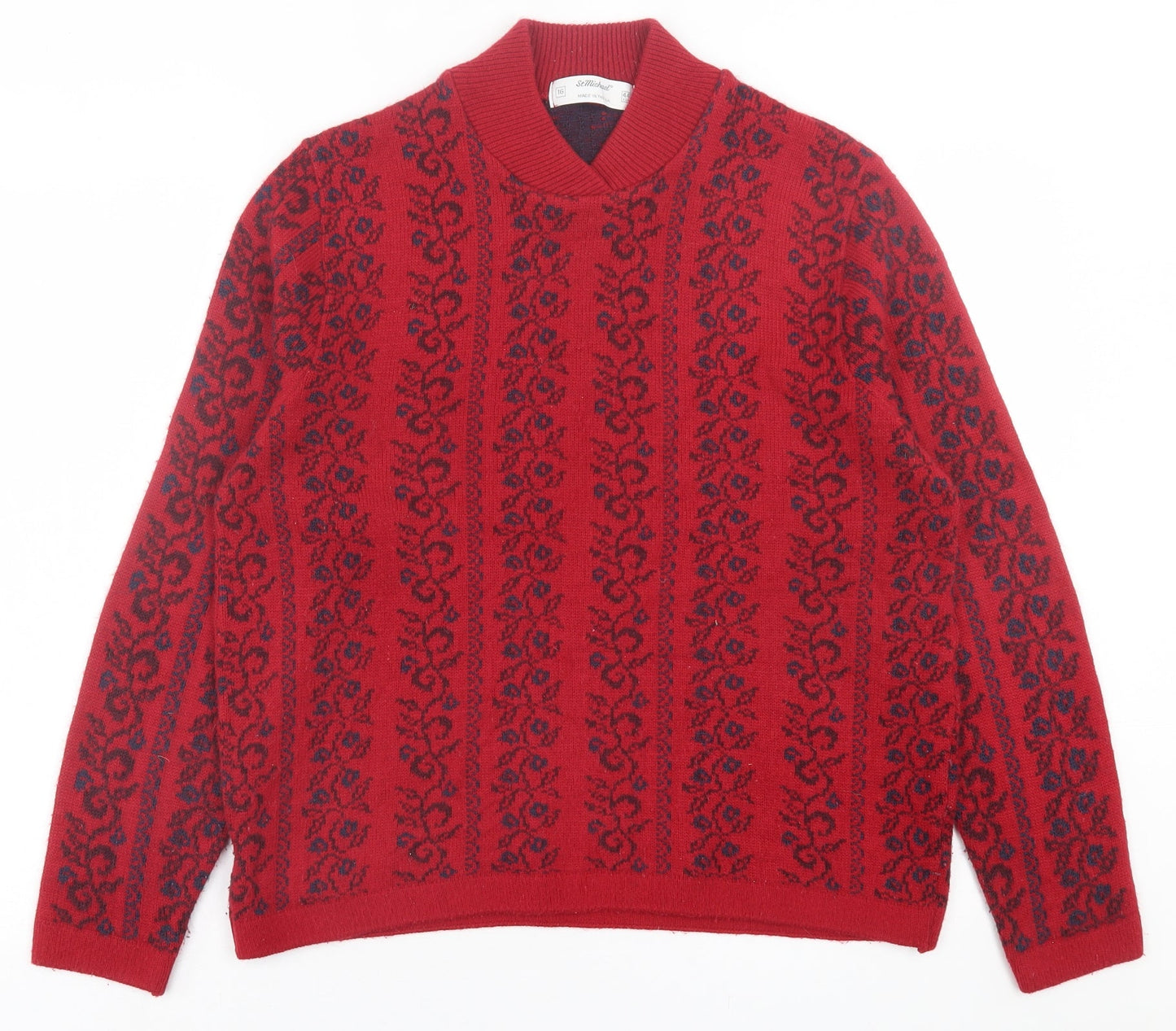 St.Micheal Womens Red V-Neck Geometric Acrylic Pullover Jumper Size 16