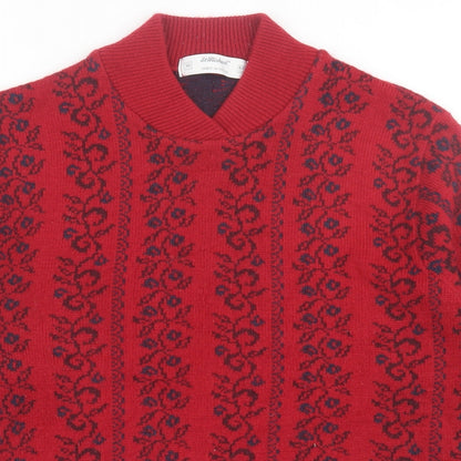 St.Micheal Womens Red V-Neck Geometric Acrylic Pullover Jumper Size 16