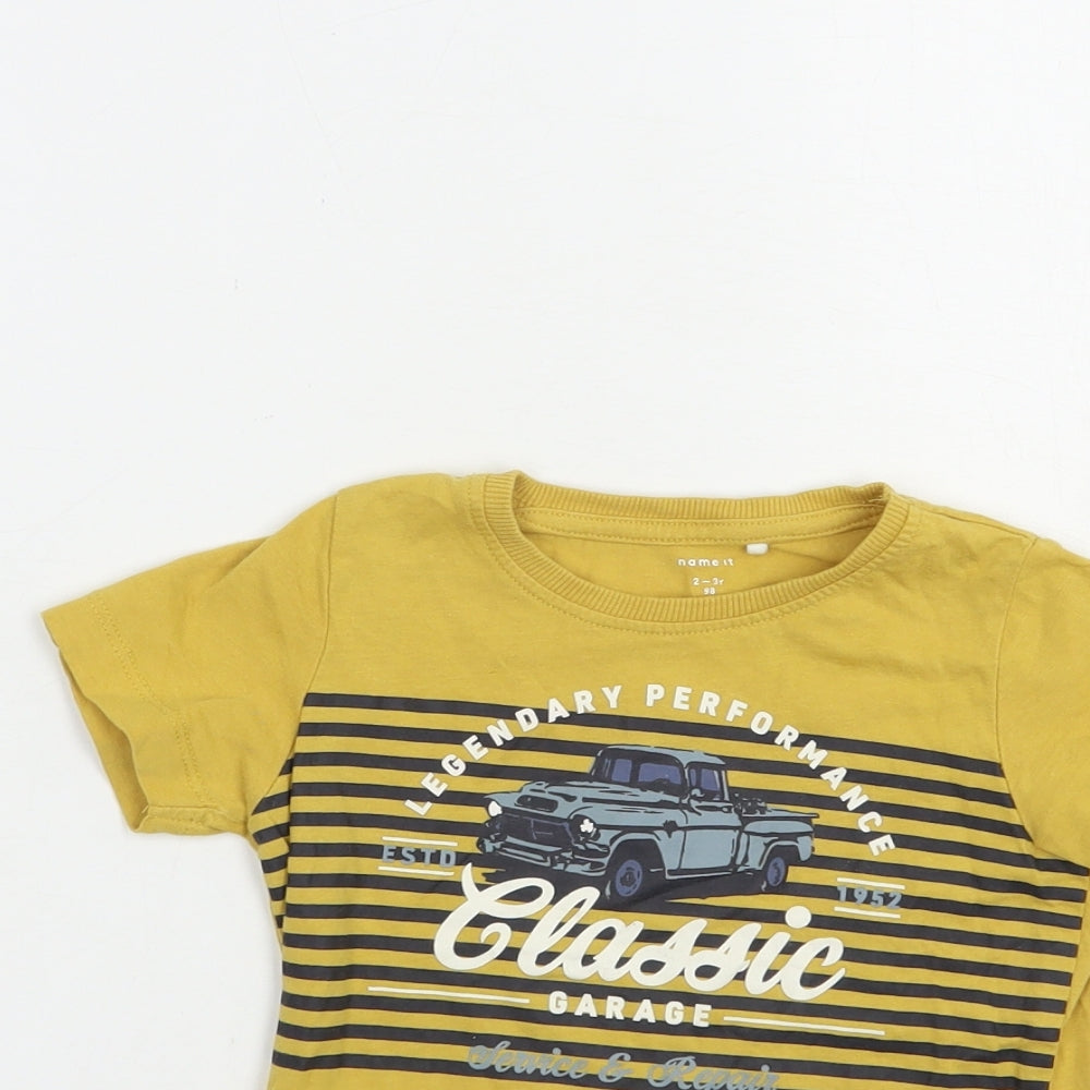 name it Boys Yellow  Cotton Pullover T-Shirt Size 2-3 Years Crew Neck Pullover - Car