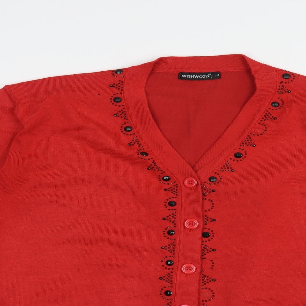 Wishwood Womens Red V-Neck  Polyester Cardigan Jumper Size L