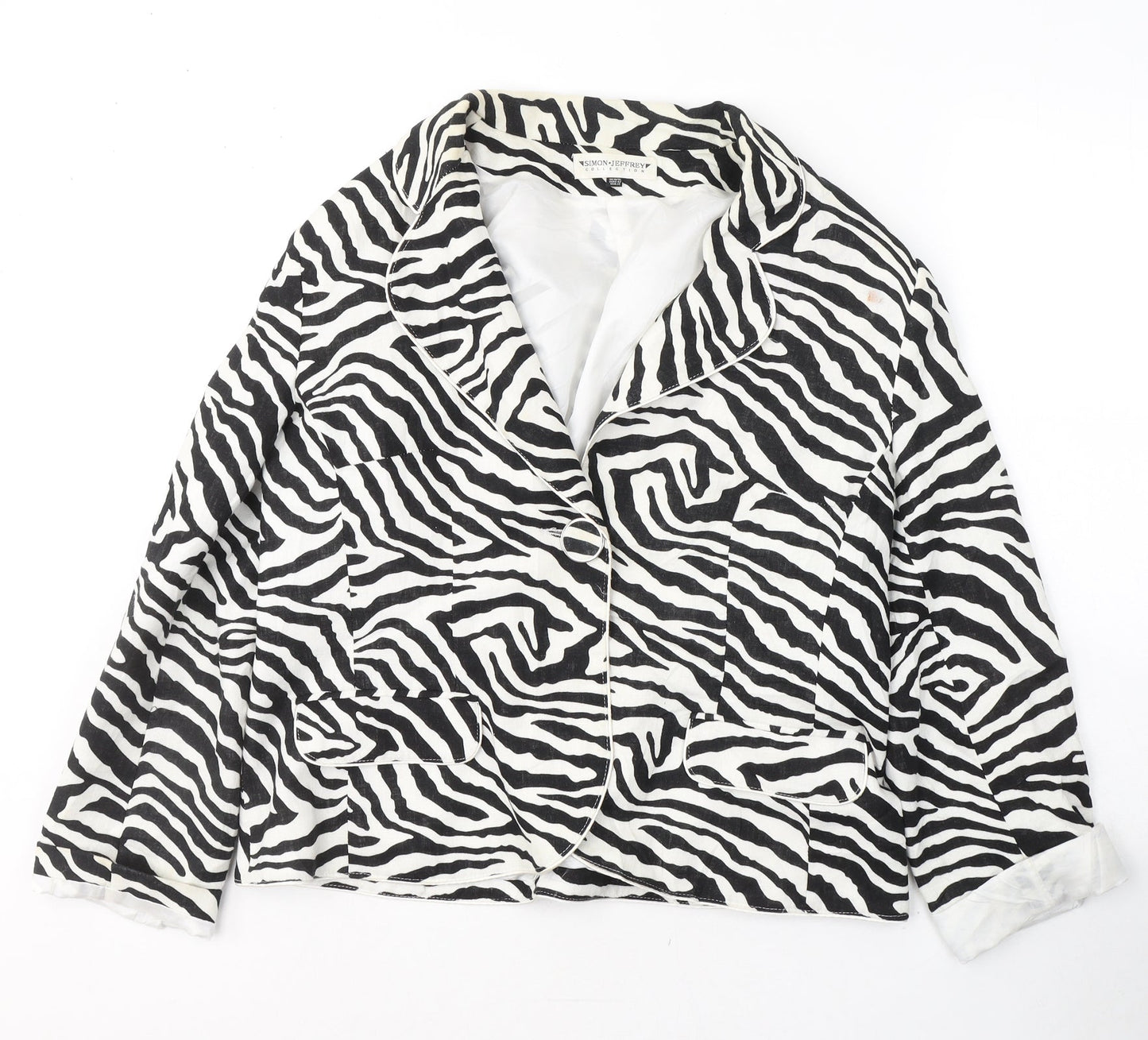 Simon Jefferey Womens Black Animal Print Viscose Jacket Blazer Size 16