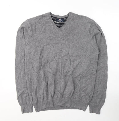 Blue Harbour Mens Grey V-Neck  Cotton Pullover Jumper Size M
