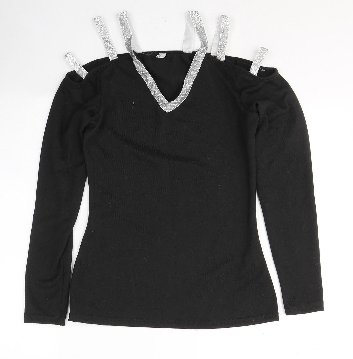 Fashion Womens Black V-Neck  Polyester Pullover Jumper Size M