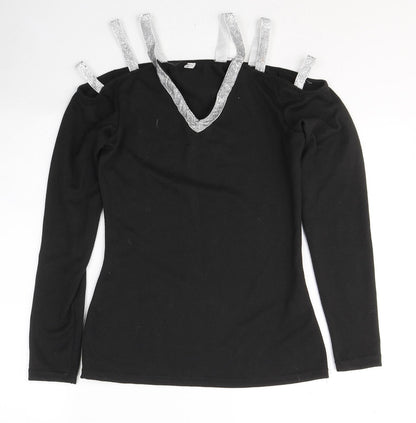 Fashion Womens Black V-Neck  Polyester Pullover Jumper Size M