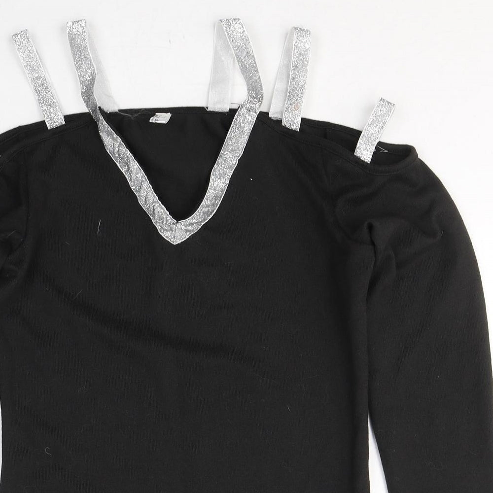 Fashion Womens Black V-Neck  Polyester Pullover Jumper Size M