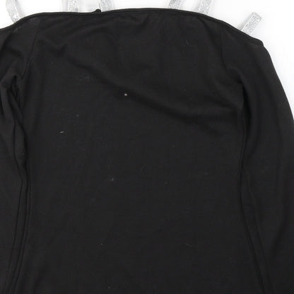 Fashion Womens Black V-Neck  Polyester Pullover Jumper Size M