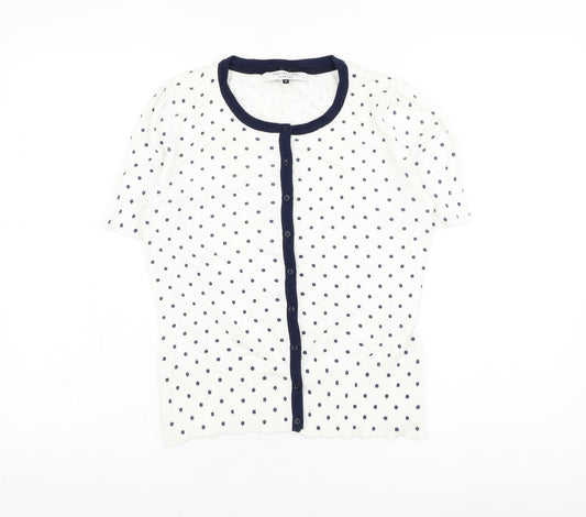 John Lewis Womens White Round Neck Polka Dot Cotton Cardigan Jumper Size M